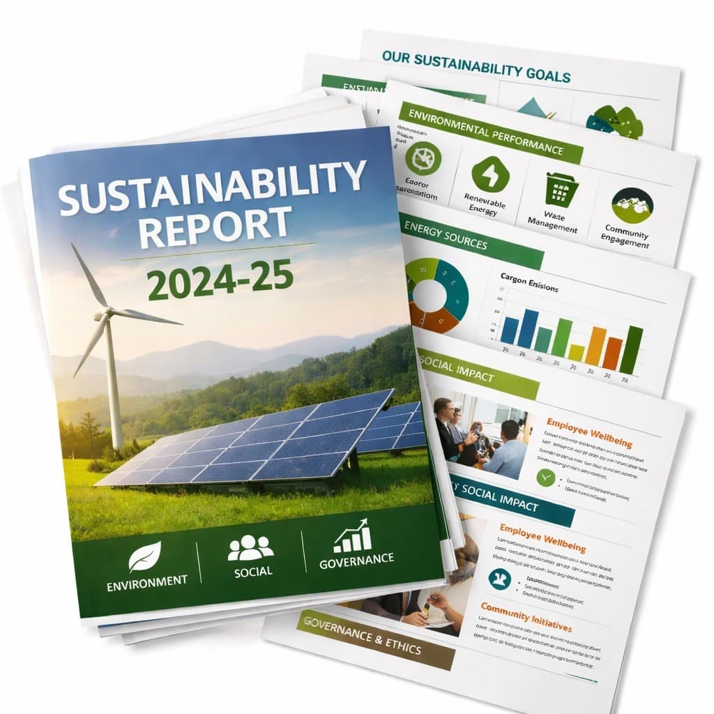 A printed sustainability report, its cover and inner pages fanned out to show charts and sections